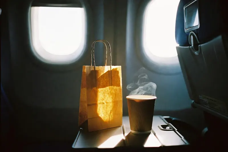 A shopping bag and a coffee on a tray table in window light