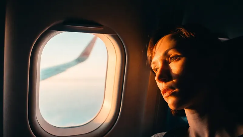 A passenger in a window seat at golden hour, amber light across her face, the wing soft beyond the glass